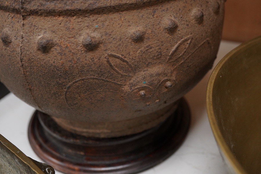 A Chinese bronze bowl, cover and bowl, mustard canister pot, largest bowl 24cm diameter